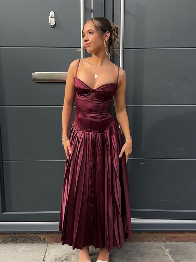 Women Elegant Solid Satin Slim Pleated Hem Dress Sexy Off Shoulder Backless High Waist Sling Long Dresses Lady Evening Vestidos
