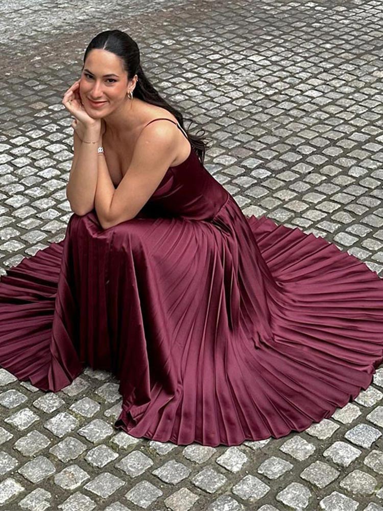 Women Elegant Solid Satin Slim Pleated Hem Dress Sexy Off Shoulder Backless High Waist Sling Long Dresses Lady Evening Vestidos