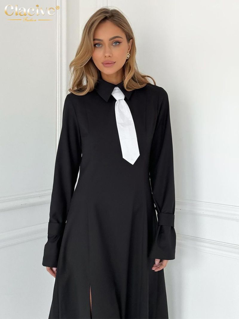 Clacive Bodycon Black Tie Office Women's Dress Fashion Lapel Long Sleeve Ankle Length Dresses Elegant Classic Slit Female Dress