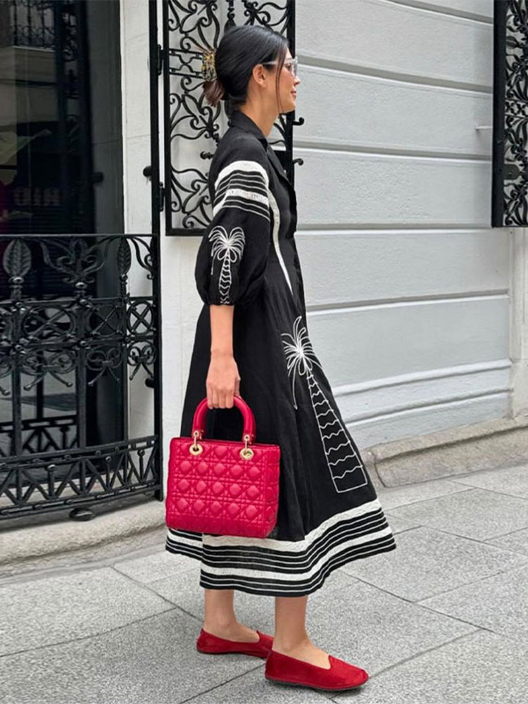 Women Elegant Print A-line Long Dress Fashion Single Breasted Lantern Long Sleeve Lapel Dresses 2024 Lady Casual Street Vestidos